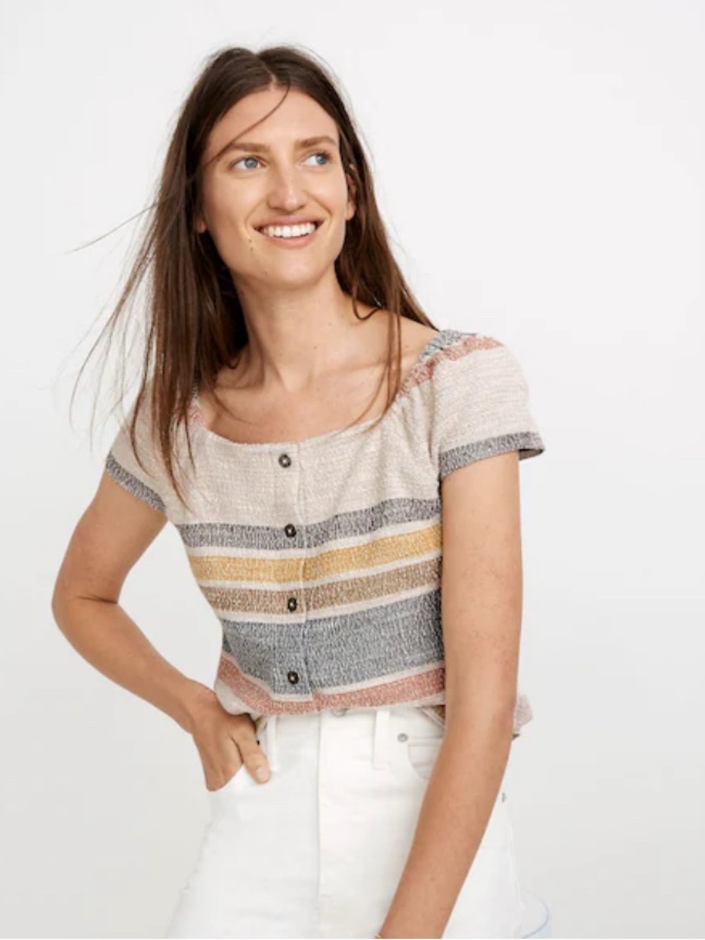 Madewell Texture & Thread Striped Knit Top S 100% Cotton Button Front Coastal